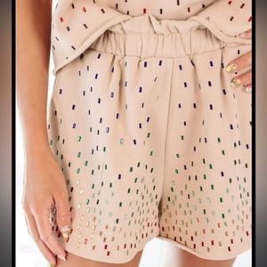 Queen Of Sparkles Rainbow Rhinestone Shorts - Beige